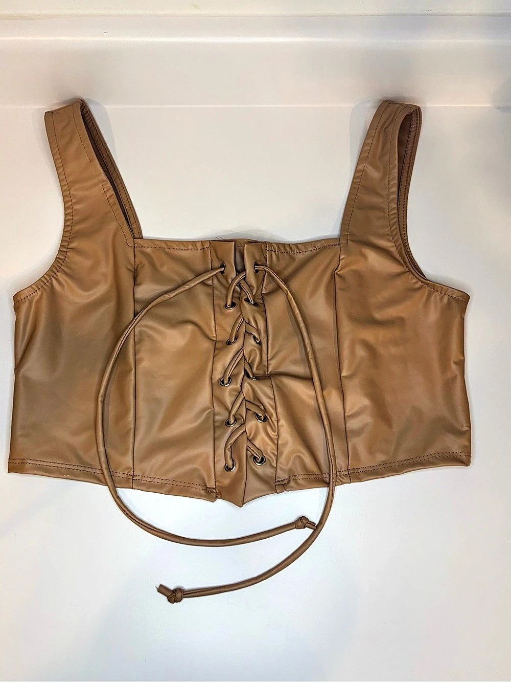 Y2K JULIA Lace-Up Bustier Faux Leather Brown Size Large